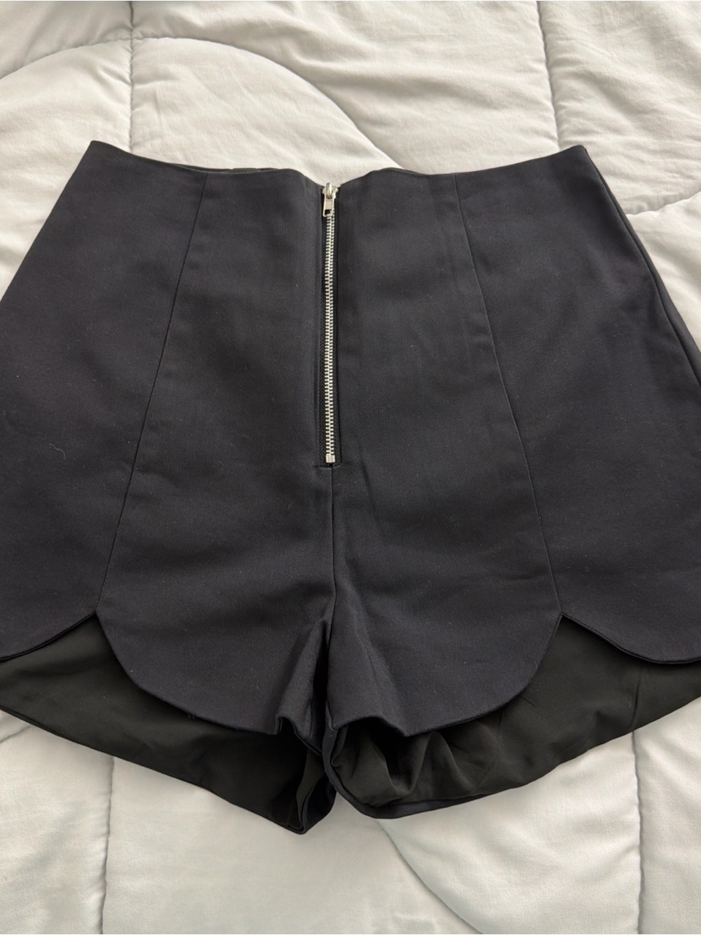 High-Waist Black Scallop Hem Shorts with Front Zip Closure
